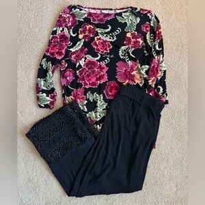 Chico's Black Floral Top with Black Lace-Trim Pants